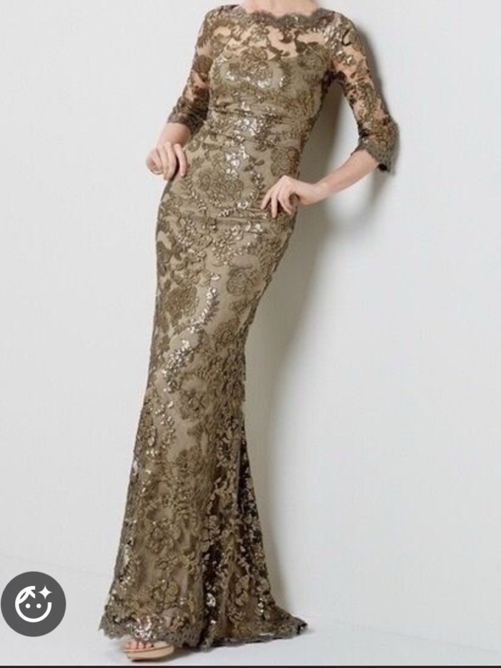 Tadashi Shoji sequin Lace Formal Full Length Gown in metallic bronze NWT Size 4